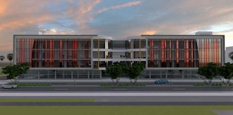 Rendering of the front elevation at dusk
