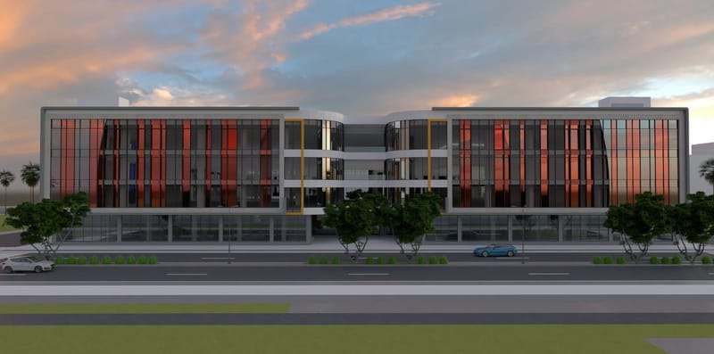 Rendering of the front elevation at dusk