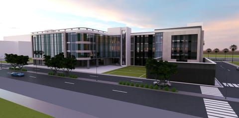 Rendering of the rear view with the sports pitch